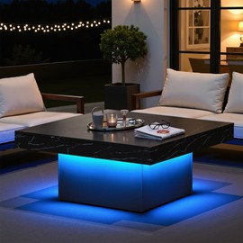 Osparple 35" Coffee Table with Storage, Small Coffee Table with LED Light, Wood Square Accent Center Sofa Side Tables for Living Room, Black