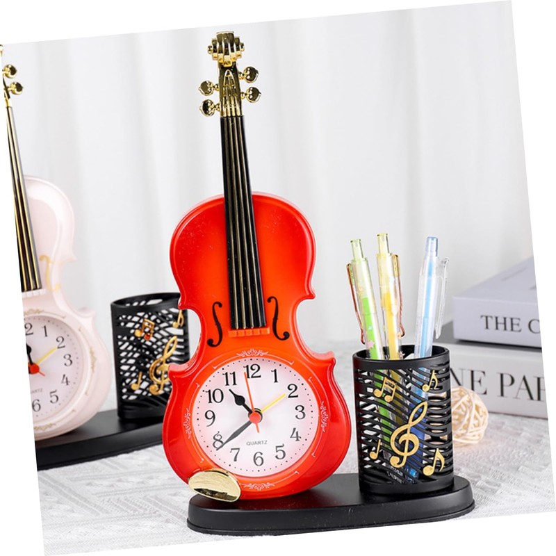 STOBAZA Violin Model Clock Pen Holder Unique Decorative Alarm Clock