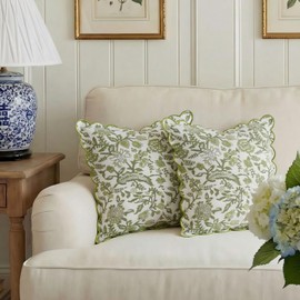 2 Pcs Scalloped Floral Block Print Pillow Cover 18 x 18 Inch Scallop Pillow Cover Grandmillennial Style Indoor Outdoor Scalloped Throw Home Decor(Elegant)