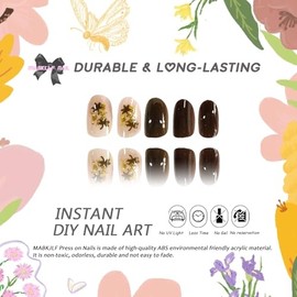 Brown Press on Nails Medium Almond MABKJLF Fake Nails False Nails with Maple Leaves Glitter Gold Foil Designs Full Cover Glossy Glue on Nail Autumn Acrylic Nail for Women Girls 24Pcs