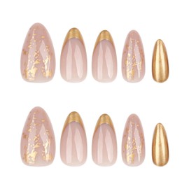 Almond Press on Nails Medium French Tip Fake Nails Sparkling Glue on Nails Gold Foil Designs False Nails Glossy Pink Acrylic Nails Full Cover Gold Frech Nail Tips Stick on Nails for Women 24pcs