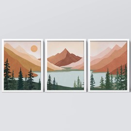 SIGNWIN Framed Set Geometric Mountain Forest Lake Wall Art, Set of 3 Abstract Nature Illustrations Wall Decor Prints, Nordic Wall Décor for Living Room, Bedroom - 8"x10" White