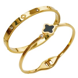 STODMA 18K Gold Plated Clover Lucky Bracelet for Women,Stackable Friendship Love Stainless Steel Bangle Set, Trendy Cute Jewelry For Friend Mom And Grandma
