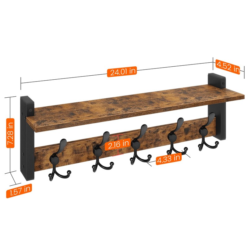 Homode Rustic Brown Wall Mount Coat Rack with Shelf and