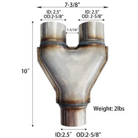 Sutekus Exhaust Y Pipe Stainless Steel 2.5" Single to 2.5" Dual Exhaust Adapter Connector Universal Exhaust Pipe Connector (2.5" to 2.5" Y Pipe)