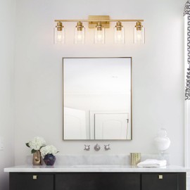HCCZ 5 Light Gold Bathroom Light Fixtures Brushed Brass Vanity Light Over Mirror Modern Wall Lighting Sconces Wall Lamp for Bathroom, Bedroom, Living Room E26 Socket with Glass Shade