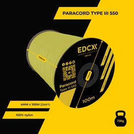 EdcX 4mm Nylon Paracord 550 100m (330 feet) - Type III, 100% Nylon Rope, 7 Strand Rope, 4mm Nylon Rope in Solid Colors (Yellow, 100 m)