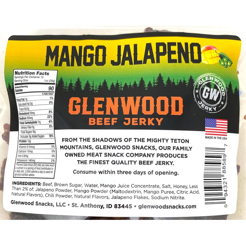 Glenwood Beef Jerky Mango Jalapeno 10 Ounce Resealable Bag -