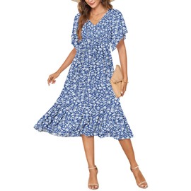 AUSELILY Women's Summer Empire Waist Dress Smocked Flutter Short Sleeve V Neck Midi Dresses 2025 New Gray Blue Flower M