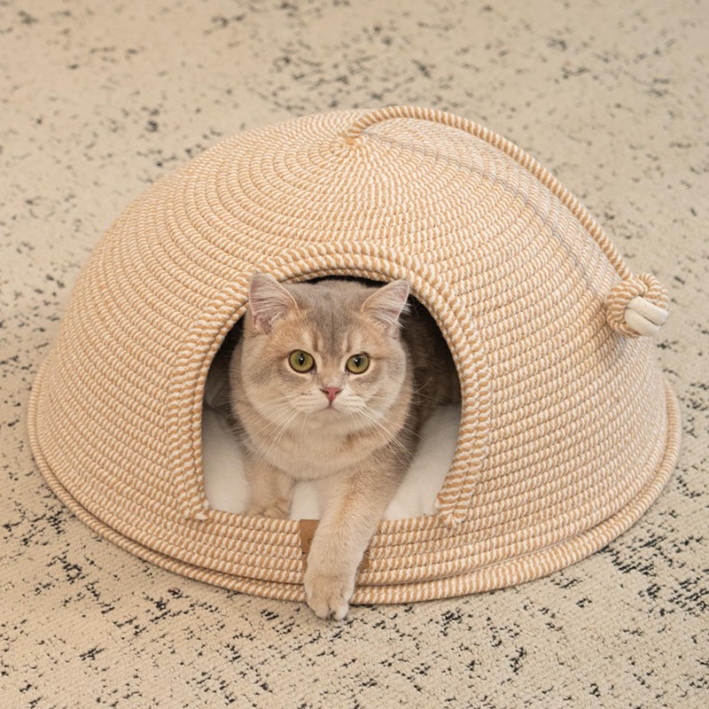 Cat Cave Bed with Washable Cushion and Ball, Handwoven Cotton
