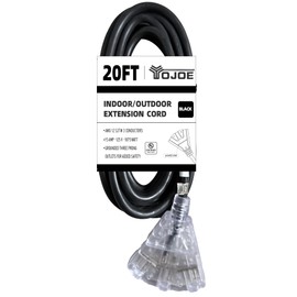 YOJOE 20 Foot Black Extension Cord, Lighted Outdoor 12/3 Cord with 3 Power Outlets, 12 Gauge 3 Prong SJTW Heavy Duty Extension Cable with 3 Prong Grounded Plug for Safety, UL Listed