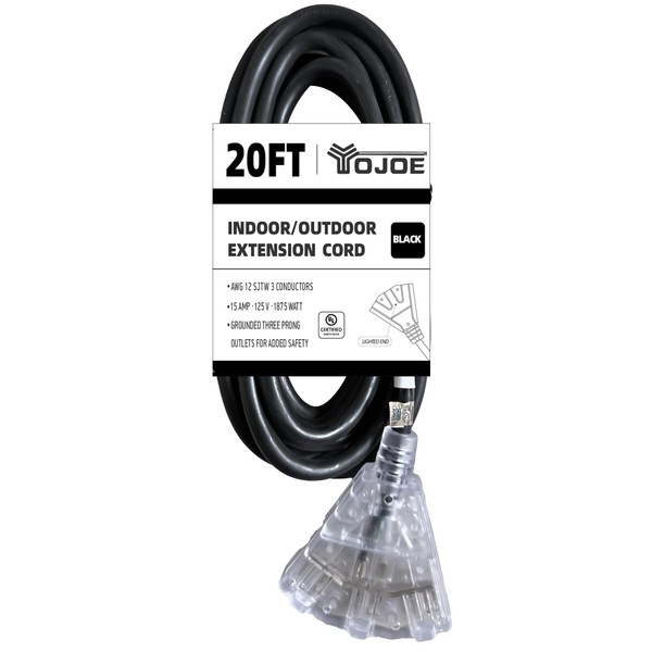 YOJOE 20 Foot Black Extension Cord, Lighted Outdoor 12/3 Cord