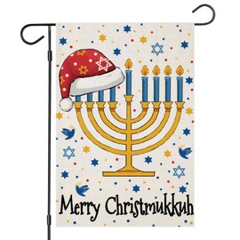 EKOREST Merry Christmukkah Garden Flags 12x18 Inch Double Sided, Hanukkah Candlestick with Hat Small Yard Outside Decorations, Winter Jewish Decorative Holiday Outdoor Decorations