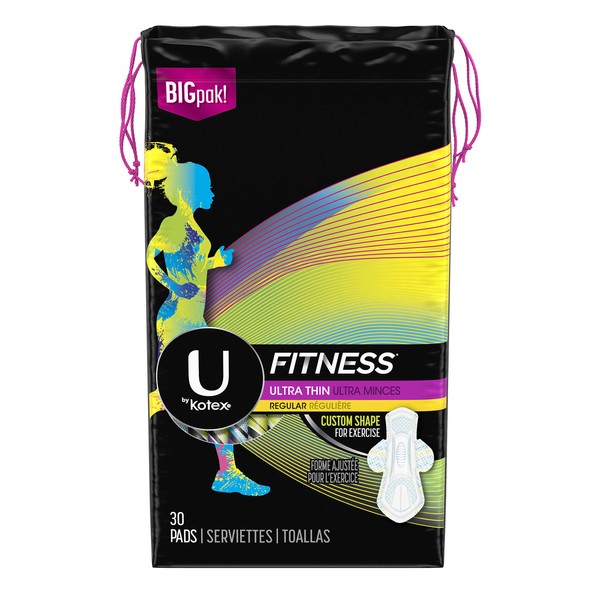 U by Kotex Fitness Ultra Thin Pads with Wings, Regular Absorbency, Fragrance-Free Pads, 30 Count