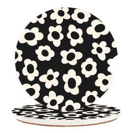 Kotkiddy 2 Pack Aufsorbende Auto Korkunterlagen für Becherhalter, 2,56 Zoll Keramik Stein & Nicht Kratzender Korkuntergrund Getränke Unterlagen (Weiße Blume)