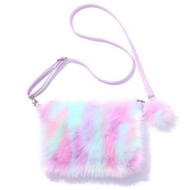 JHVYF Girls Kids Fuzzy Bag Plush Shoulder Bag Tie Dye Rainbow Crossbody Purse Wallet Children Toddler Purple