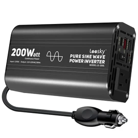 Pure Sine Wave Car Inverter 200 Watt 12V DC to 110V 120V AC Car Power Inverter Converter with 30W PD USB-C & QC3.0 USB-A Fast Charging for Vehicle Truck RV by Leesky
