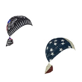 Lot or Set of 2 Rustic Distressed American Flag and a Patriot Fang Skull Flag Z904 and Z711 Head Wrap Durag Doo Rag Skull Cap Multicolored