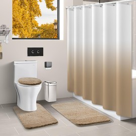 Beige Bathroom Sets with Shower Curtain and Rugs Waterproof Shower Curtain Sets 1 Piece and Soft Bathroom Rugs Sets 3 Piece for Luxury Bathroom Decor Set
