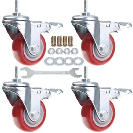 Heavy Duty Stem Caster Wheels Double Bearing PU Castors No Noise Swivel Casters M8-1.25x25mm 4 Packs with Dual Locking (3 Inch,with Brake)