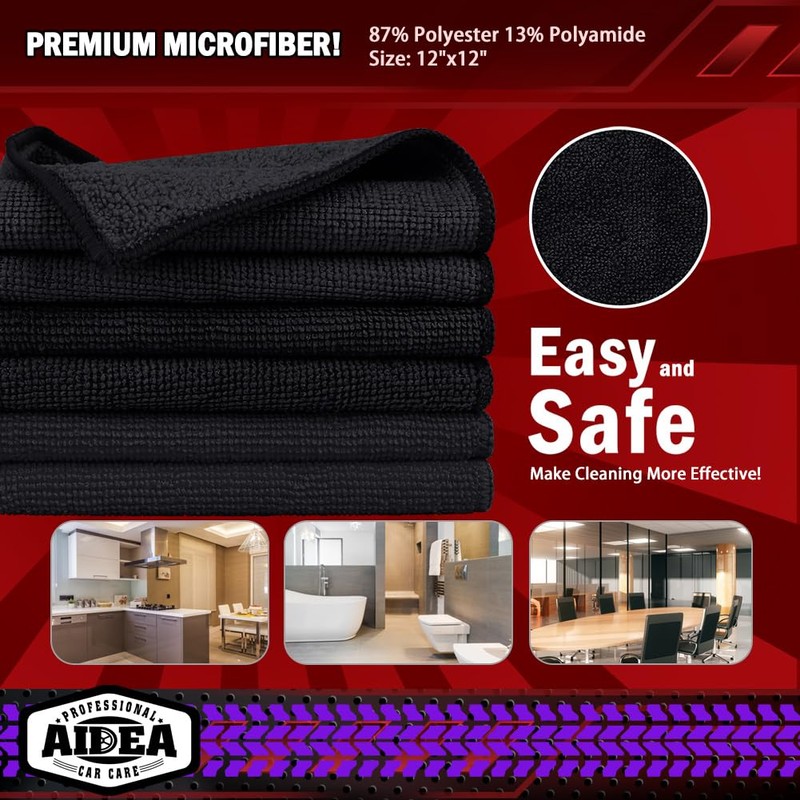 AIDEA Microfiber Cleaning Cloth Black 50PK, Microfiber Towels for Cars,