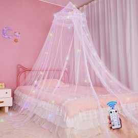 Beinou Bed Canopy for Girls with Timer Remote Canopy Bed with Lights Breathable Net Canopy for Bed Kids Girls Room Decor,White
