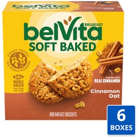belVita Soft Baked Cinnamon Oat Breakfast Biscuits, Chewy Breakfast Bars, 6 Boxes of 5 Packs (1 Biscuit Per Pack)