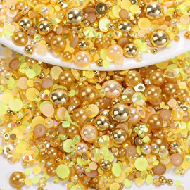 Yellow Brown Resin Rhinestones and Nail Art Pearls Bulk, Resin Rhinestones and Half Pearl for Bedazzling Gems, Mix Sizes Pearls for Crafting Nails Face Eyes Makeup Body DIY Decor Crafts