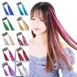Classe Hair Tinsel with One Touch Pin, Set of 3, Glitter Hair, Anti-Static, Tangle-Resistant, Glitter, Easy Extension, Dance Stage, Blue