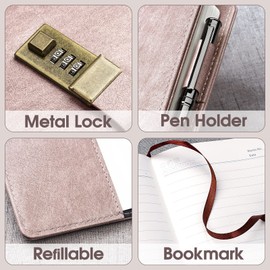 WEMATE Diary with Lock, A5 PU Leather Journal with Lock, 240 Pages, Vintage Lock Journal with Pen & Gift Box, Lockable Diary for Women and Men, 8.6 x 5.8 inches, Pink