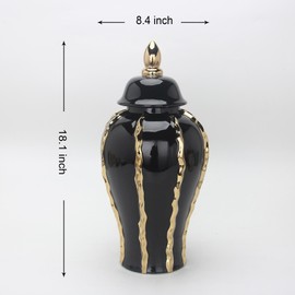 TREATLIFE HOME Elegant Black Ceramic Ginger Jar Vase for Home Decor, Includes Gold Accents and Removable Lid, 18.5 Inches Tall