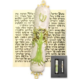 Zivosely Exquisite Enamel Design Mezuzah with Scroll, Easy Install Use Double-Sided Tape, Tree of Life Theme Mezuzah for Door with Crystal Diamond Accent for Any Memorable Jewish Occasions, 3.8”