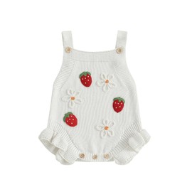 mlpeerw Baby Girl Summer Clothes Newborn Sleeveless Knit Sweater Romper Floral/Strawberry Onesie Cute One Piece Outfit (Strawberry Floral White, 0-3 Months)