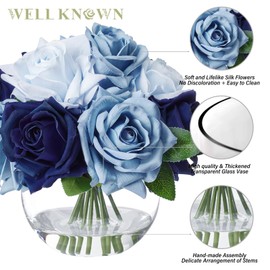 WELL KNOWN Silk Rose Artificial Flowers with Vase Artificial Rose Flower Arrangements in Round Bowl Vase with Faux Water for Home Table Decoration (Bicolor Blue)