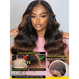 Sunber Bye Bye Knots Glueless 7x5 Lace Front Human Hair Wig Loose Wave Plucked Pre Cut Lace Invisible Knots Put On and Go Chestnut Brown Ombre Color Ready to Wear Wig 150% Density 20Inch