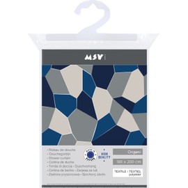 MSV Anti-Mould Shower Curtain, Anti-Bacterial, Washable, Waterproof, Polyester, 180 x 200 cm, Origami, Blue and White