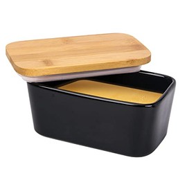 Arswin Butter Dish with Lid, Porcelain Keeper with Wood Lid Cover for Butter, Microwave Safe Easy Clean Butter Storage Container for Countertop and Refrigerator (Black 10oz)