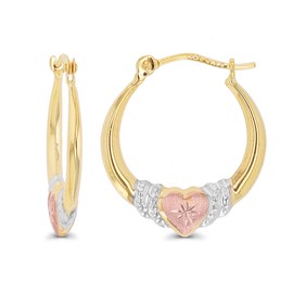14K Gold Solid Tricolor Diamond Cut Heart Hoop Earrings For Women, 2.70x18mm