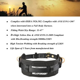 WELKFORDER Tongue Buckle Body Belt With Waist Pad and 2 Side D-Rings Personal Protective Equipment Safety Harness | Waist Fitting Size 33'' to 47'' for Work Positioning, Restraint