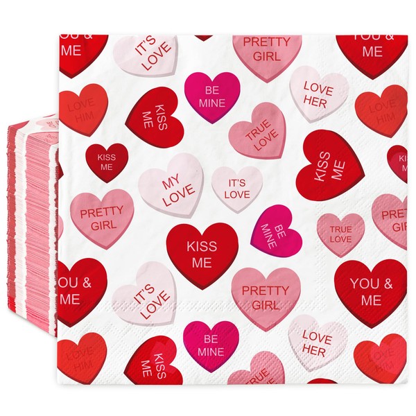AnyDesign - Servilletas desechables para el día de San Valentín, 100 unidades, diseño de corazón de caramelo, color rojo, rosa, almuerzo, cena, suministros de boda, aniversario, fiesta, decoración de