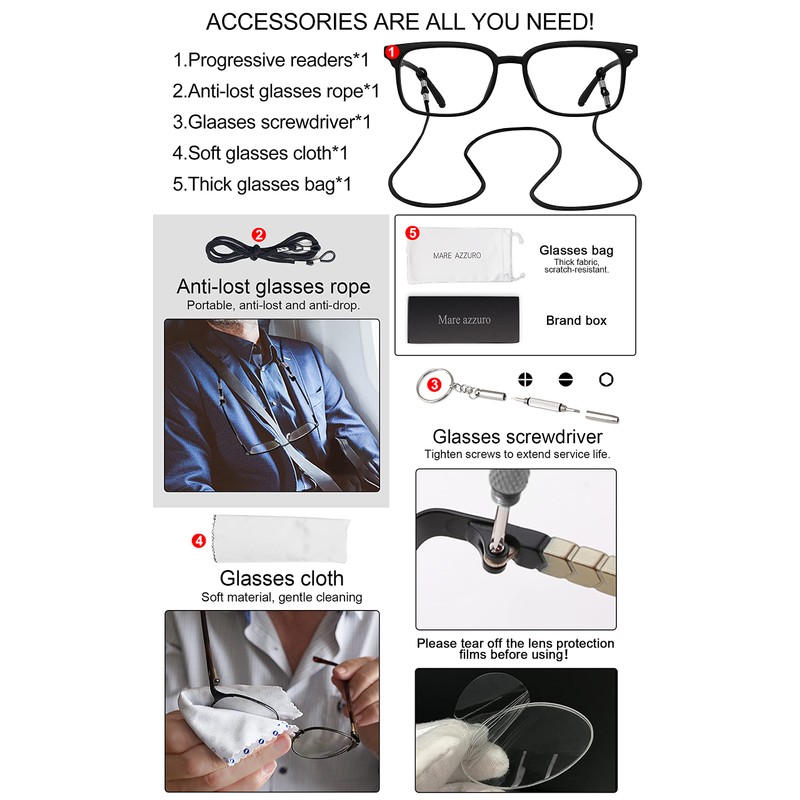 MARE AZZURO Lightweight Progressive Multifocus Reading Glasses Blue Light Blocking