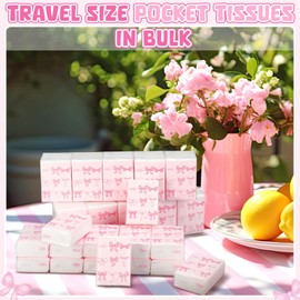 Therwen 50 Pack Pink Bow Travel Tissue Packs Bulk 1000 Sheet Mini Pocket Tissues Travel Size Coquette Birthday Party Favors Individually Wrapped