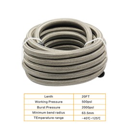 AN6 20FT Fuel Line Hose Kit, Stainless Steel Braided 3/8" - 8.73mm ID (AN6, Stainless Steel)