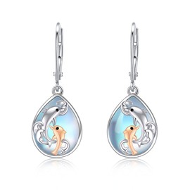 VENACOLY Dolphin Moonstone Earrings 925 Sterling Silver Ocean Animal Earrings Mother Jewellery Dolphin Gifts for Women, Sterling Silver, No Gemstone