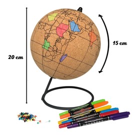 TRIPVEA® - Cork Globe with Marker 20 cm - Vintage Cork Globe for Colouring - Travel Theme Decoration - Original and Creative Gift Idea for Geography Enthusiasts - Height = 20 cm