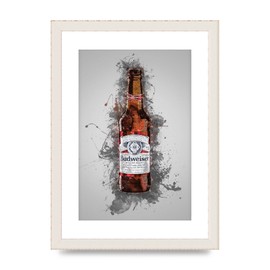 Lithobee - Budweiser Bottle Splatter - Printed Wall Art Design in Sizes A2, A3 & A4 Framed in a Stylish Quality Coloured Frame or Unframed (A4 White Grain Frame)