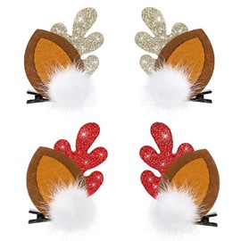 2 Pairs Christmas Hair Clips Cute Reindeer Antlers Ears Christmas Hair Accessories Deer Horn Ears Hair Pins with Plush Ball Antlers Headdress Hairpin for Women Girls Kids Christmas Party Favors