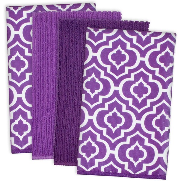 DII Microfiber Multi-Purpose Cleaning Towels Perfect for Kitchens, Dishes, Car, Dusting, Drying Rags, 16 x 19, Set of 4 - Eggplant Lattice