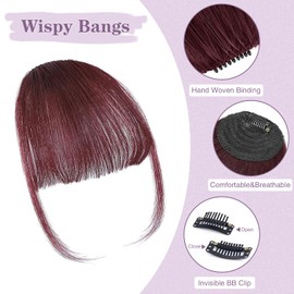 HH FASHION Clip in Bangs - 100% Human Hair Bangs Clip in Hair Extensions Wine Red Wispy Bangs, Clip on Air Curtain Bangs Fringe With Temples Hairpieces Curved Bangs For Women Daily Wear