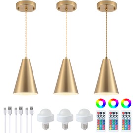 Dijiahua Gold Battery Operated Pendant Lights Kitchen Island 3 Pack with Remote Control,Wireless Rechargeable 12 Color Temperatures Lamp Fixtures with Brass Metal Shade, Modern Hanging Lighting